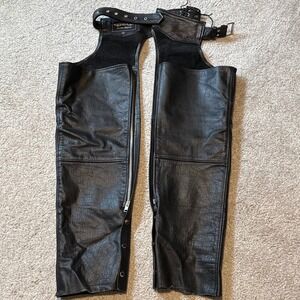 Unik Leather Apparel Black Leather Motorcycle Riding Chaps Women Medium Buckle